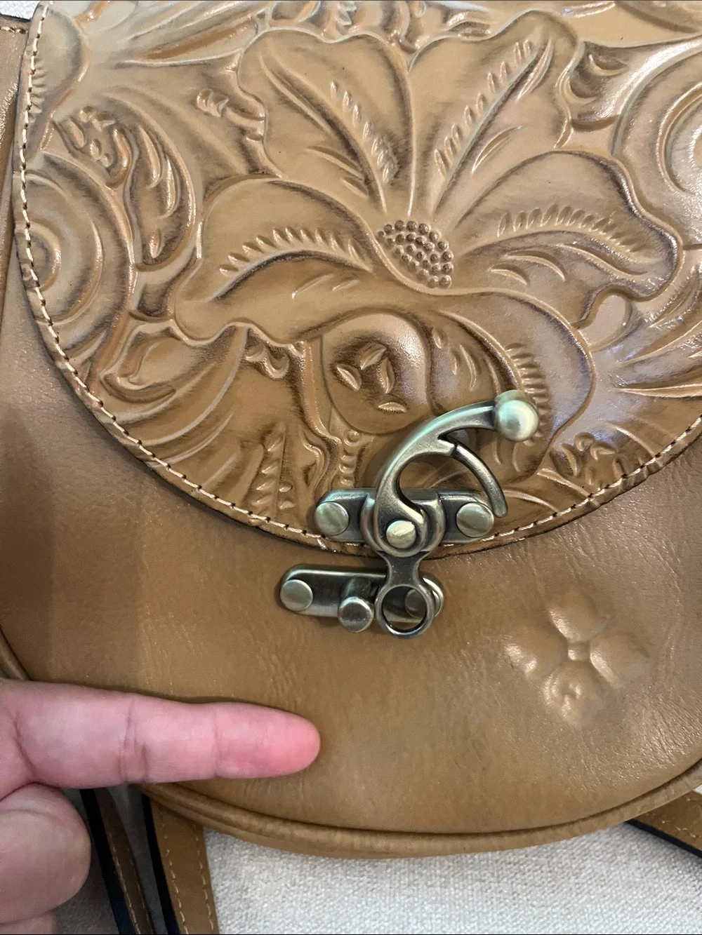 Patricia Nash Tan Floral Tooled Leather Crossbody Bag